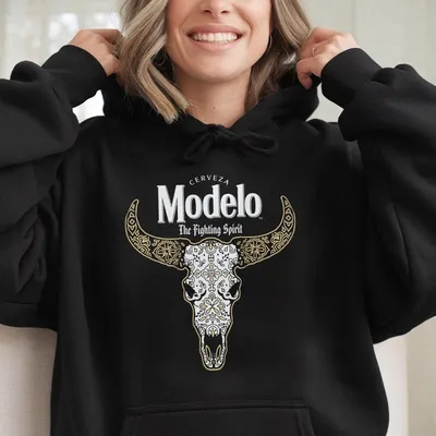 Modelo Beer Hoodie Western Bull Skull Graphic With Floral Detail, “The Fighting Spirit” Slogan, Great For Beer Lovers