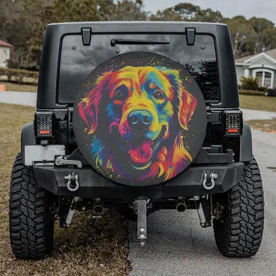 Cute Golden Retriever Spare Tire Cover, Funny Colorful Dog Art Design, Adorable Pet Lover Tire Cover For Suv, Truck, Rv, And Camper, With Or Without Backup Camera Hole Spare Tire Cover