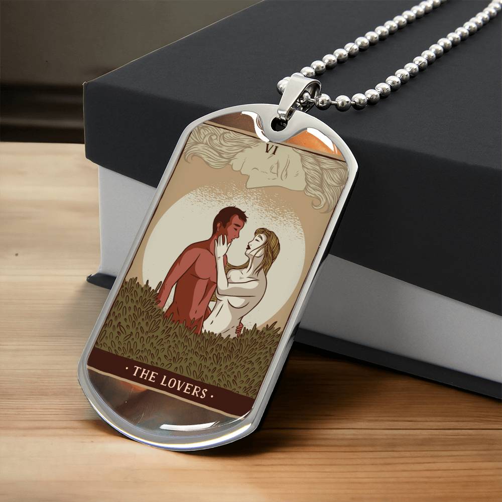 Tarot Card Necklace. Silver Or Gold. For Wiccans, Astrology, Zodiac, Spiritual, Best Friend. Boho. The Lovers Card - Army Tag Necklace, Dog Tag