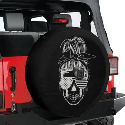 Patriotic Skull Girl Spare Tire Cover, Messy Bun With American Flag Sunglasses Design, Funny Retro Style, Usa Pride Gift, Backup Camera Compatible Spare Tire Cover