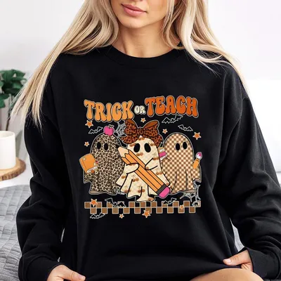 Trick Or Teach Sweatshirt, Leopard Teacher Halloween Sweatshirt, Trick Or Teach Sweatshirt, Preppy Halloween Teacher Sweatshirt, Ghost Pumpkin , Spooky Teacher