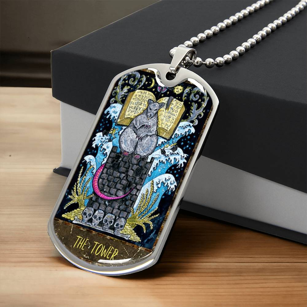 Tarot Card Necklace. Silver Or Gold. For Wiccans, Astrology, Zodiac, Spiritual, Best Friend. The Tower Card - Army Tag Necklace, Dog Tag