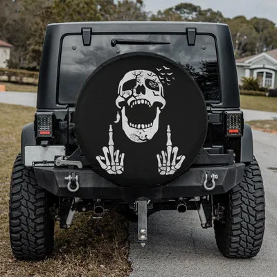 Funny Skull Middle Finger Spare Tire Cover, Rock Goth Design Wheel Protector, Black White Waterproof Vinyl, Biker Style Spare Tire Cover