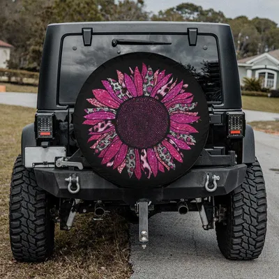 Hot Pink Sunflower Spare Tire Cover, Pink Cheetah Sunflower Design, Waterproof Vinyl Wheel Protector, Trendy Style Spare Tire Cover