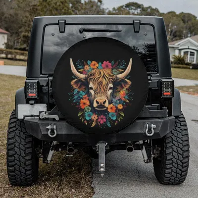 Highland Cow Floral Spare Tire Cover, Colorful Wildflower Design, Rustic Farmhouse Aesthetic, Country Style Car Accessory, Backup Camera Ready Spare Tire Cover