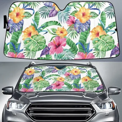 Yellow And Pink Hawaiian Flower Tropical Palm Leaf White Car Sun Shades Cover Auto Windshield PrintSyde