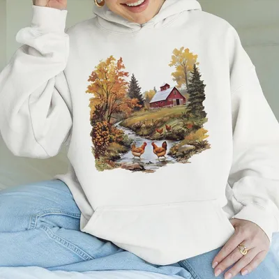 Retro Chickens & Red Barn Farm Fall Creek Scene Hoodie,90'S Vintage Backyard Chicken Farmer Outfit,Boho Unisex Hoodie
