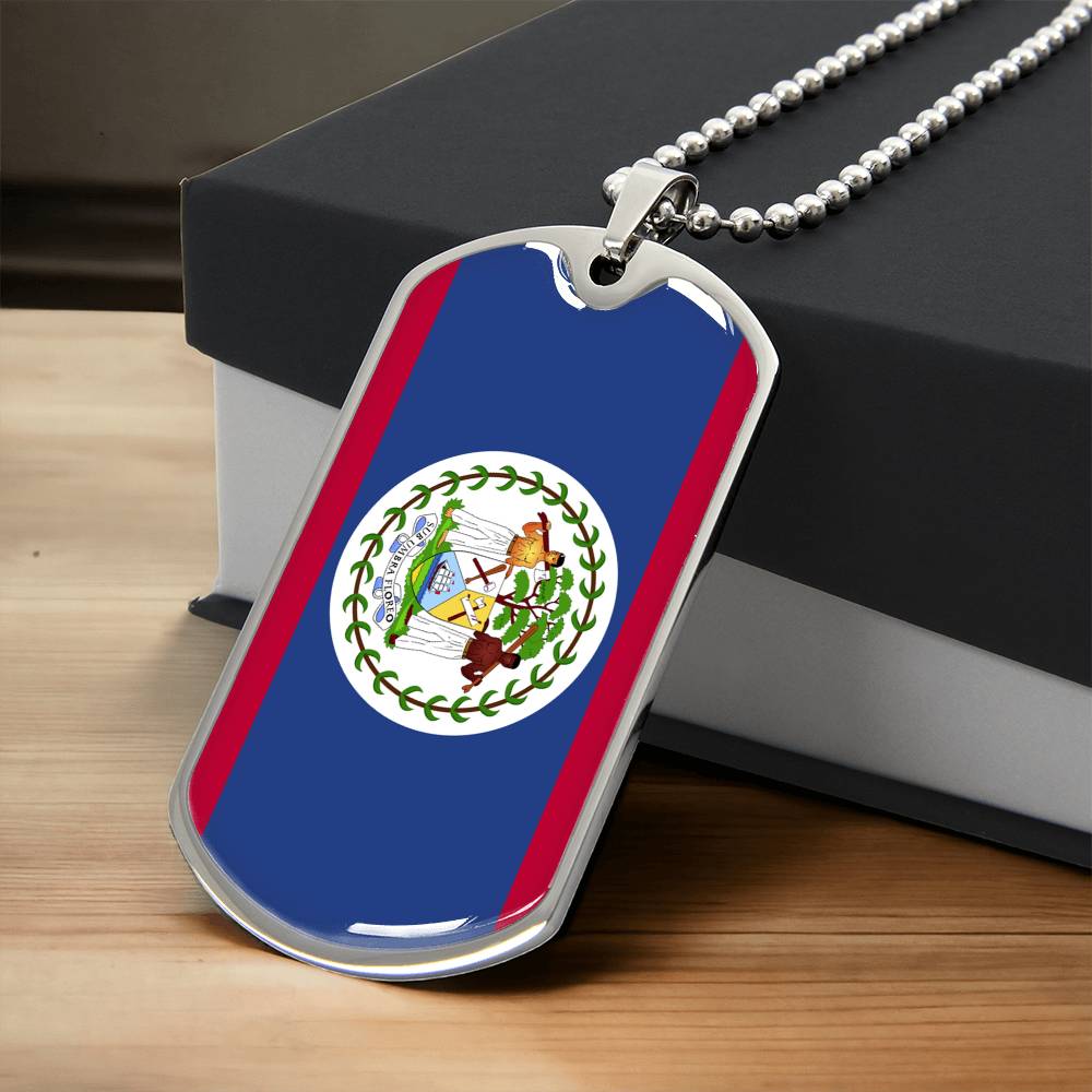 Belize Flag 24 Inch Dog Tag Necklace Stainless Steel Or 18K Gold - Army Tag Necklace, Dog Tag