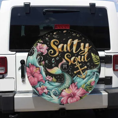 Salty Soul Mermaid Tail Spare Tire Cover, Tropical Hibiscus Ocean Art, Beach Lover Gift, Backup Camera Hole Option, Universal Fit Suv Rv Spare Tire Cover