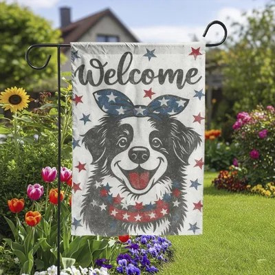 Welcome Patriotic Dog Garden Flag, Cute Border Collie Usa Yard Decor, Red White Blue 4th Of July Outdoor Sign For Dog Lovers Vertical Garden Flag