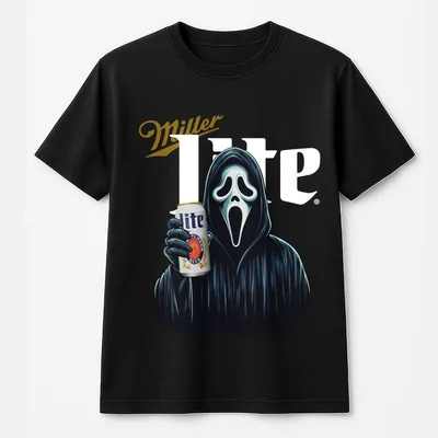 Miller Lite Ghostface Halloween T-Shirt, Funny Horror Movie Graphic T-Shirt For Men And Women, Enjoy A Beer With Ghostface This Halloween