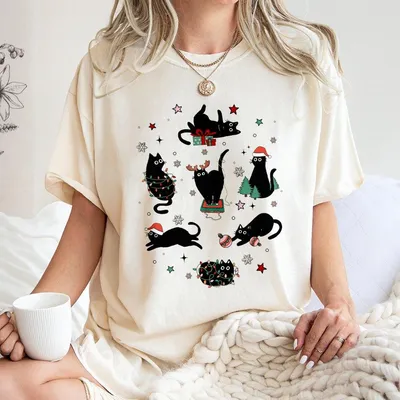 Christmas Black Cats T-Shirt, Xmas Winter Holiday T-Shirt, Funny Black Cat Christmas T-Shirt, Cat Lover, Christmas Lights T-Shirt