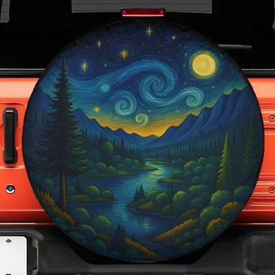 Starry Night Mountain Spare Tire Cover, Cosmic Forest Landscape Design, Artistic Nature Wheel Cover For Campers Spare Tire Cover