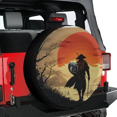 Samurai Sunset Spare Tire Cover, Full Color Print, Warrior Silhouette At Dusk, Artistic Design, Rv Camping Gift, Backup Camera Ready Spare Tire Cover