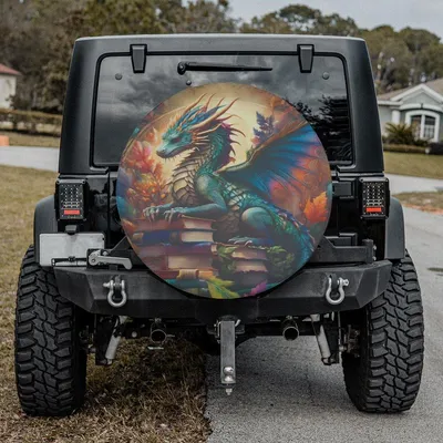 Dragon And Book Spare Tire Cover, Mystical Dragon Reading Design, Fantasy Art Style, Waterproof Vinyl Wheel Protector Spare Tire Cover