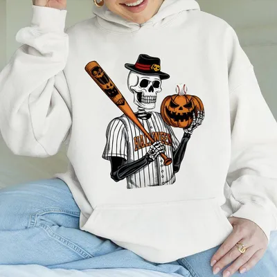 Skeleton Pumpkin Baseball Halloween Hoodie Youth Graphic Hoodie Funny Family Hoodie Birthday Gift Summer Vacation Outfit