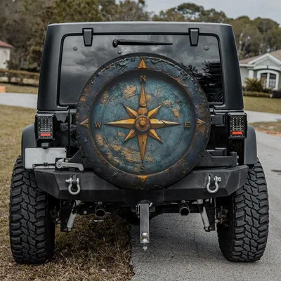 Blue Stone Compass Spare Tire Cover Distressed Terrain Map Graphic Off-Road Adventure Spare Tire Cover