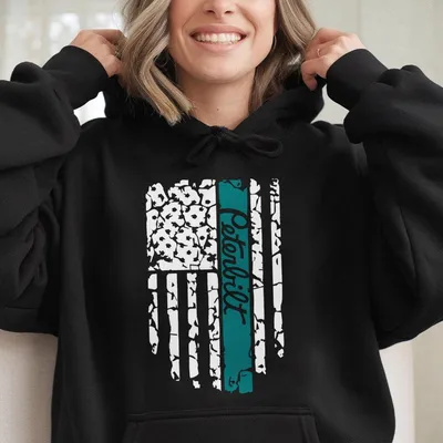 Peterbilt Flag Hoodie, Leopard American Flag Graphic, Turquoise Logo, Women'S Trucker Hoodie, Country Diesel Style Gift For Rig Lovers