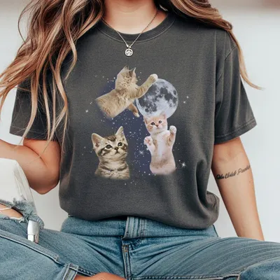 Funny Animal Vintage Graphic T-Shirt Three Cats Retro Moon T-Shirt Cat T-Shirt Unisex Meme Cringe Funny T-Shirt Menswear Women
