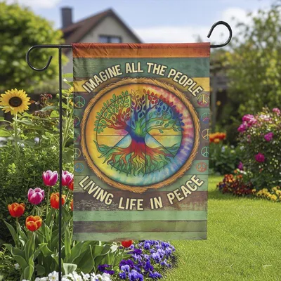 Imagine All The People Living Life In Peace Garden Flag – Tree Of Life Rainbow Hippie Yard Banner, Peaceful Outdoor Decor For Porch Or Lawn Vertical Garden Flag