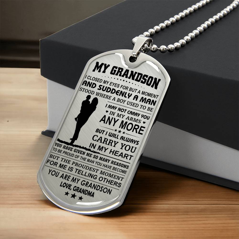Gift For Grandson - Gift From Grandma - Grandson Birthday Gift - Graduation, Christmas, Valentines Day Gift For Grandson - Army Tag Necklace, Dog Tag