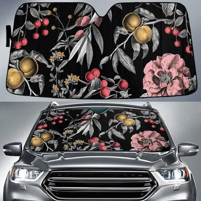Elegant Rose Floral And Pink Fruits Vintage Printed Car Sun Shades Cover Auto Windshield PrintSyde