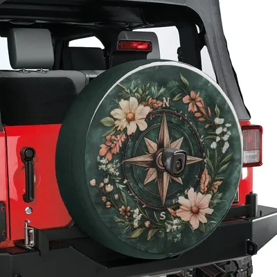 Floral Wreath Compass Rose Spare Tire Cover - Bohemian Nature Navigation Art, Rustic Flowers Direction Graphic, Universal Waterproof Tire Protector Spare Tire Cover