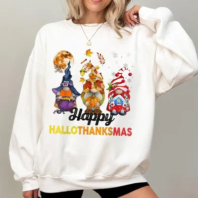 Hallothanksmas Gnome Sweatshirt – Funny Halloween Thanksgiving Christmas Holiday Pullover