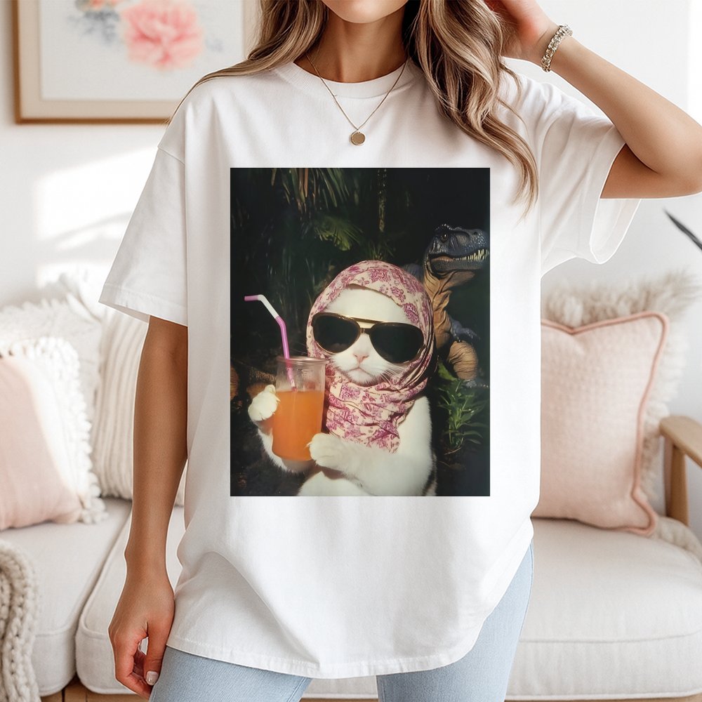 Just A Chill Girl Vintage Graphic T-Shirt Cat And Dinosaur T-Shirt Unisex Meme Cringe Funny Dumb T-Shirt