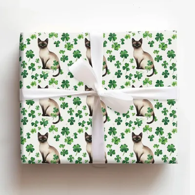 Shamrocks with the Siamese - Gift Wrap for Christmas, Holidays Wrapping Paper, Christmas Wrapping Paper
