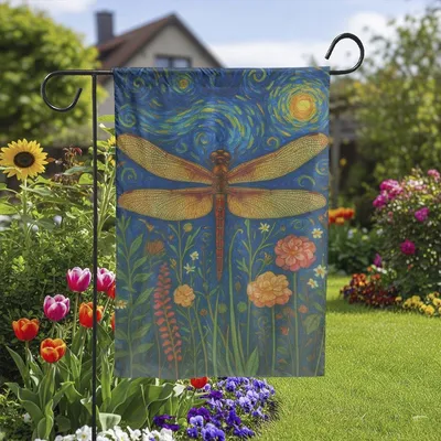 Dragonfly Starry Night Vertical Garden Flag, Van Gogh Inspired Art, Floral Summer Decor, Outdoor Yard Banner, Insect Nature Print Vertical Garden Flag