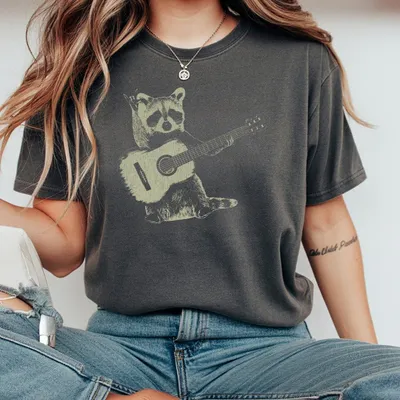 Raccoon Playing Guitar T-Shirt Funny Animal Music Lover Top Quirky Folk Indie Rock Apparel Unique Musician Gift