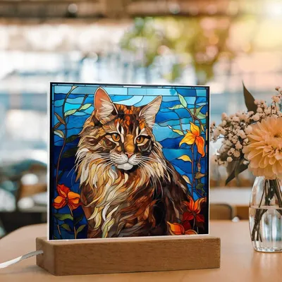 Maine Coon Cat Faux Stained Glass - Acrylic Square Plaque