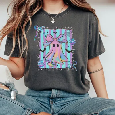 Preppy Coquette Iridescent Ghost Kid T-Shirt Halloween Youth T-Shirt Girly Halloween T-Shirt Ghost Pumpkin T-Shirt Cute Ghost Kid