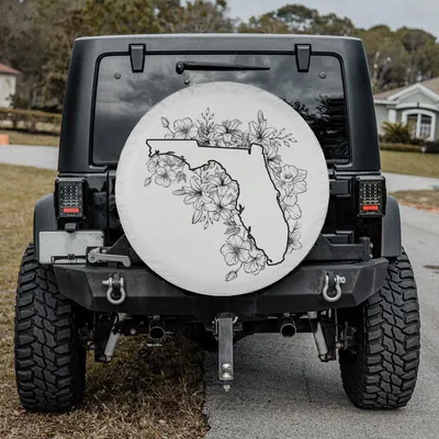 Florida State Outline Spare Tire Cover, Floral Black And White Design, Elegant Botanical Map Art, Perfect For Nature Lovers And Sunshine State Fans Spare Tire Cover