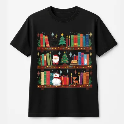 Christmas Bookshelf T-Shirt, Santa Reading, Librarian Christmas , Santa Library T-Shirt, Christmas T-Shirt