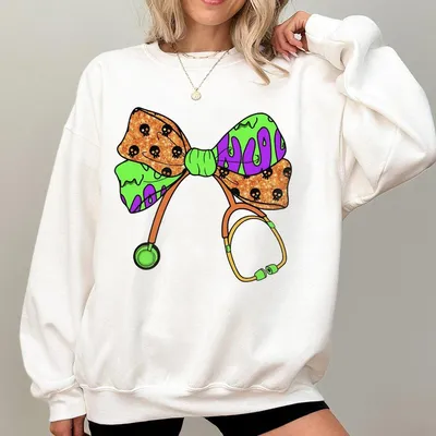 Coquette Bow Nurse Halloween Sweatshirt Spooky Season Gifts Spooky Nurse Sweatshirt Stethoscope Nurse Coquette Bow Sweatshirt Nurse Sweatshirt
