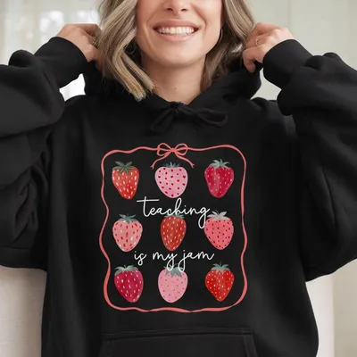 Teacher Hoodie, Cute Teacher Gifts, Spring Floral Teacher Hoodie, Teaching Appreciation Hoodie For Women, Strawberry Bow Graphic Hoodie