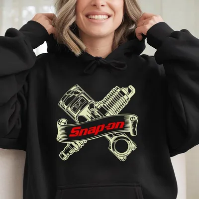 Snap On Tools Hoodie, Bold Piston And Spark Plug Graphic With Vintage Snap-On Banner, Brand Snap On , Mechanic Pride , Garage Wear