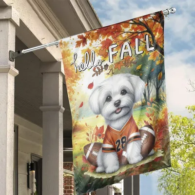 Hello Fall Football Dog House Flag, Maltese In Jersey With Pumpkins And Autumn Scenery Vertical House Flag