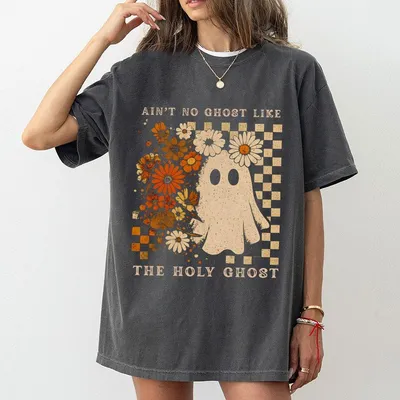 Checkered Wild Flowers T-shirt – “No Ghost Like the Holy Ghost” Christian Halloween Graphic Tee