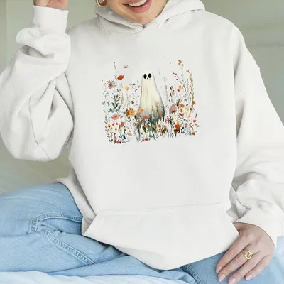 Floral Ghost Hoodie Whimsical White Ghost Surrounded By Autumn Wildflowers For Cozy Fall And Spooky Season Outfits