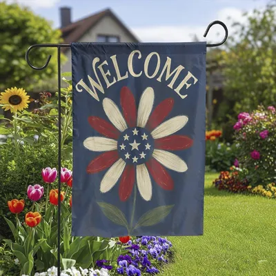 Welcome Patriotic Flower Garden Flag, Red White Blue Americana Yard Sign, 4th Of July Porch Decor, Rustic Country Outdoor House Banner Usa Vertical Garden Flag