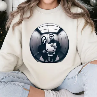 Halloween Michael Myers Ghost Face Hello Kitty Sweatshirt Funny Horror Movie Fan Sweatshirt Halloween Character Sweatshirt Spooky