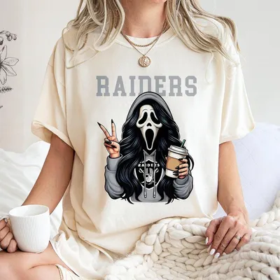Raiders Coffee Lover T-Shirt, Cute Spooky Mask Graphic, Cozy Scary Season Streetwear For Women, Fun Halloween Outfit, Trending Halloween Womenswear