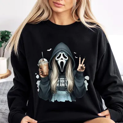 Mama Halloween V2 Sweatshirt Funny Ghoxtface Girl With Coffee And Peace Sign Horror Movie Inspired Spooky Fall Vibe