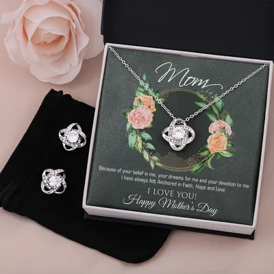 Mother's Day Message Card Jewelry for Mom, Love Knot Earring & Necklace Set, Mother's Day Gifts for Mom, To Mom from Son/Daughter