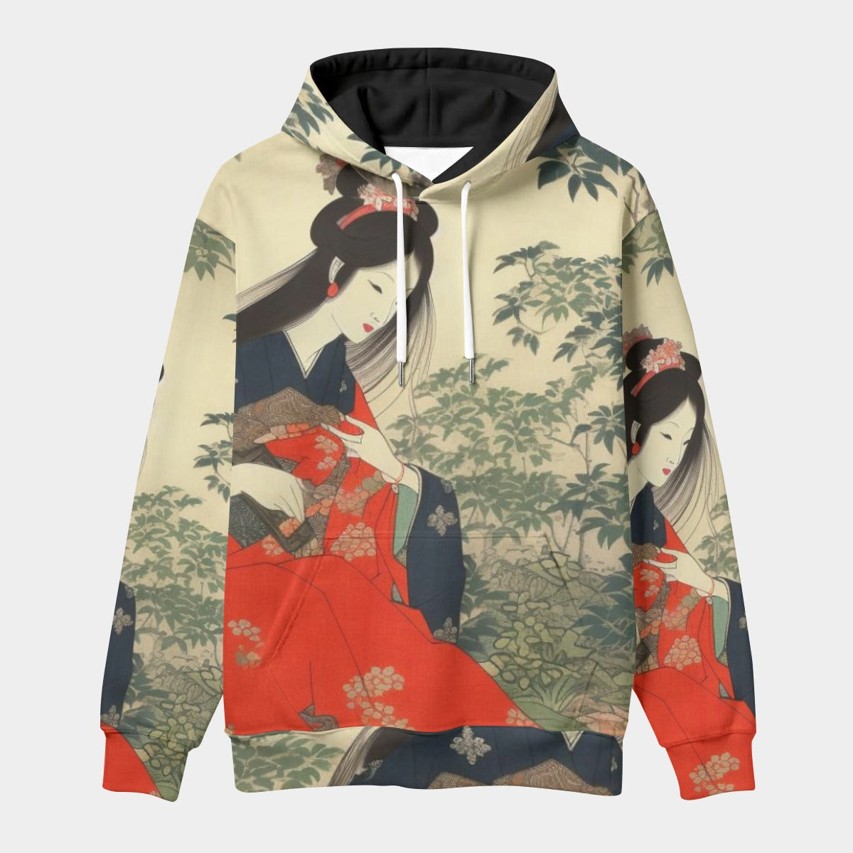 Traditional Japanese Woman in Garden Beige/Red Unisex Pullover Hoodie