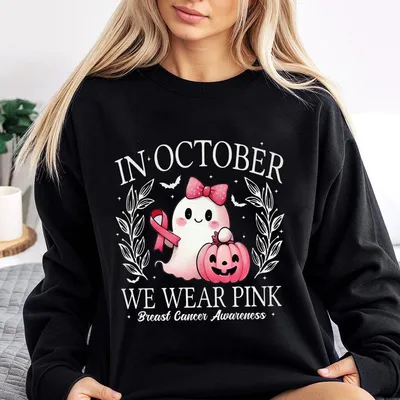 In October We Wear Pink Ghost Sweatshirt Breast Cancer Awareness Sweatshirt Halloween Ghost Sweatshirt Cancer Pink Ribbon Sweatshirt Cut
