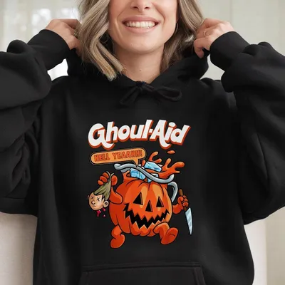 Men S Halloween Ghoul Aid Pumpkin Graphic Hoodie For Casual Wear Menswear Top Black